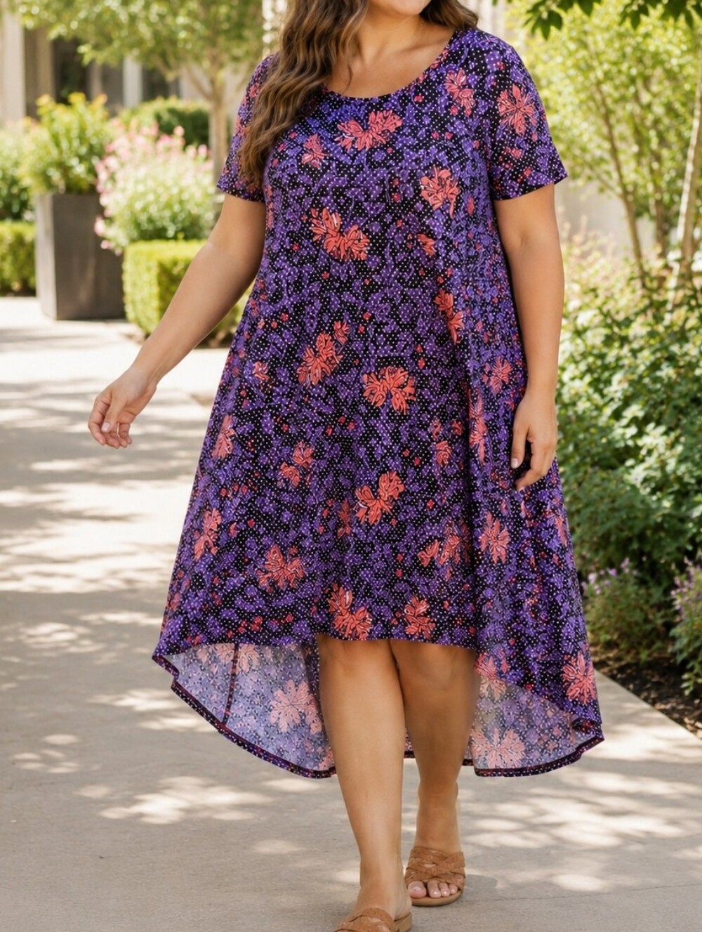 Lularoe Carly Purple Coral Floral Midi Swing Dress Plus Size Pocketed Knit Boho